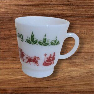 Hazel Atlas Egg Nog Holiday Milk Glass Mug Festive Red & Green Vintage Design